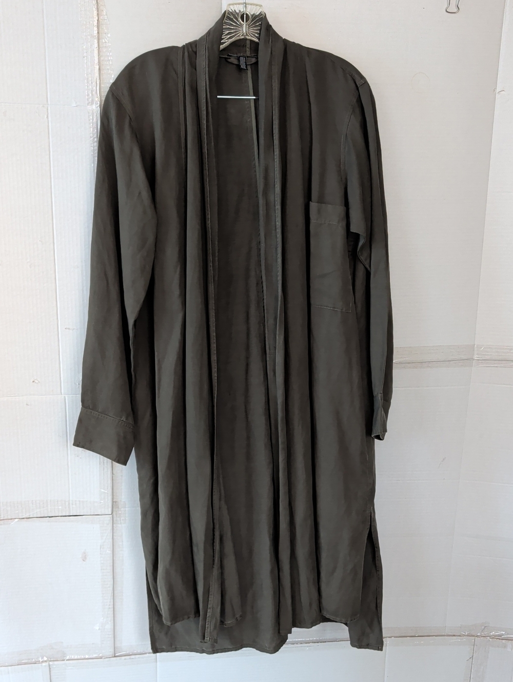 Eileen Fisher Olive Open Front Long Trench Coat Cardigan SZ PM/PL Fall Going Out